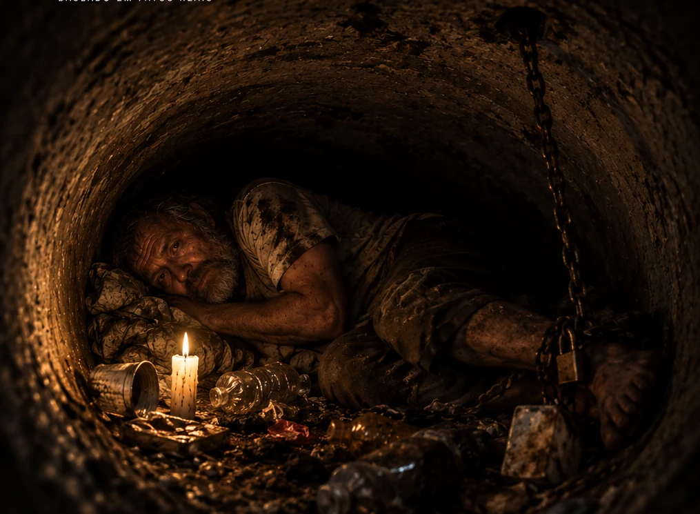 AI-generated concept image of a man chained inside a concrete pipe, lit by a candle